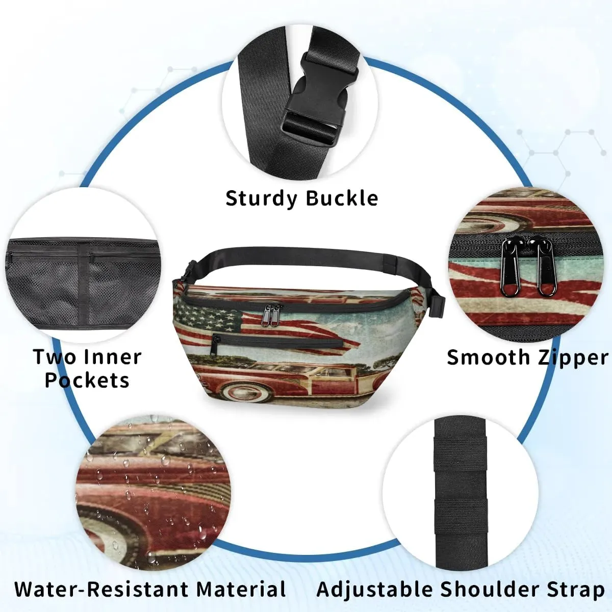 American Flag Car Crossbody Sling Bag for Women Men Crossbody Backpack with 4 Zipper Pockets Fanny Pack Shoulder Casual Daypack for Travel Running Hiking Cycling