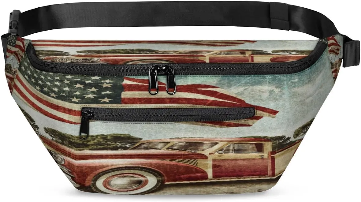 American Flag Car Crossbody Sling Bag for Women Men Crossbody Backpack with 4 Zipper Pockets Fanny Pack Shoulder Casual Daypack for Travel Running Hiking Cycling