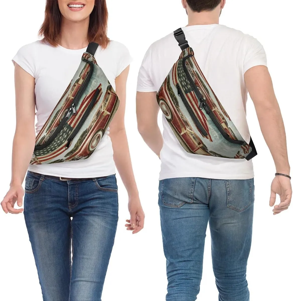 American Flag Car Crossbody Sling Bag for Women Men Crossbody Backpack with 4 Zipper Pockets Fanny Pack Shoulder Casual Daypack for Travel Running Hiking Cycling
