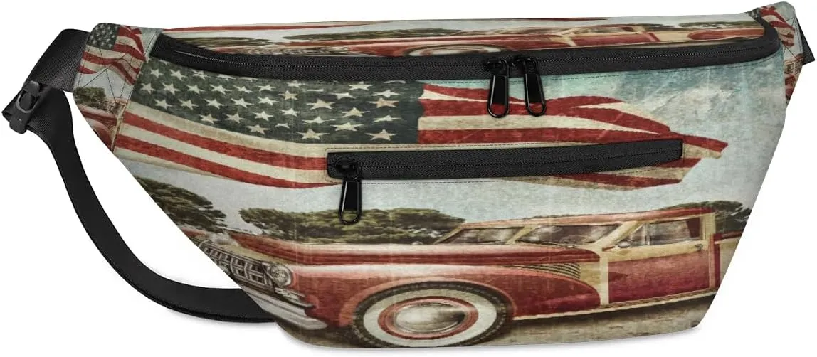 American Flag Car Crossbody Sling Bag for Women Men Crossbody Backpack with 4 Zipper Pockets Fanny Pack Shoulder Casual Daypack for Travel Running Hiking Cycling