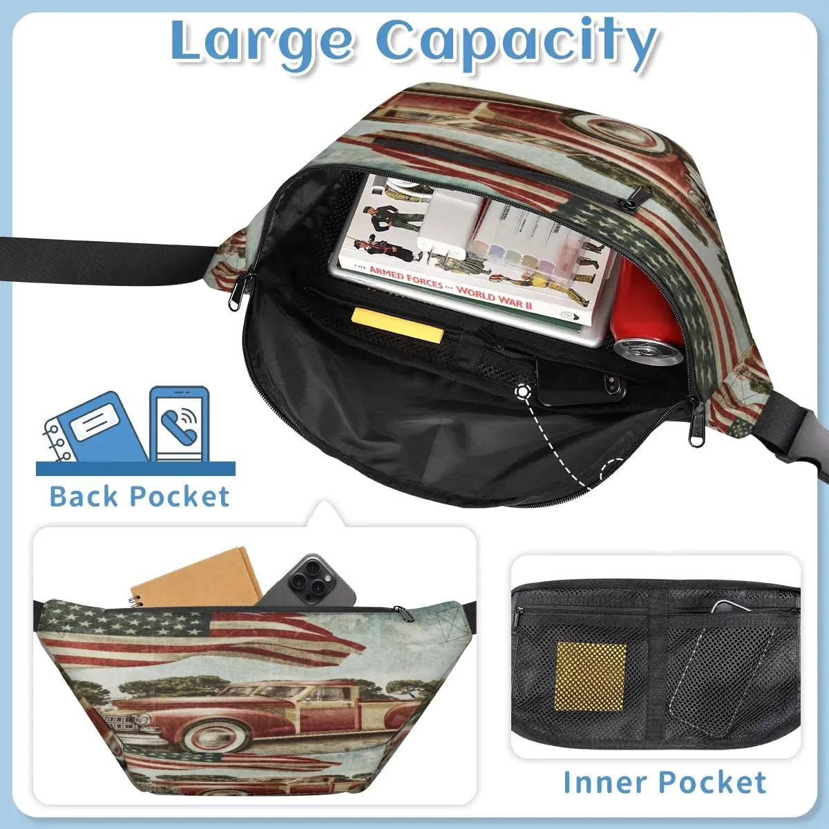American Flag Car Crossbody Sling Bag for Women Men Crossbody Backpack with 4 Zipper Pockets Fanny Pack Shoulder Casual Daypack for Travel Running Hiking Cycling