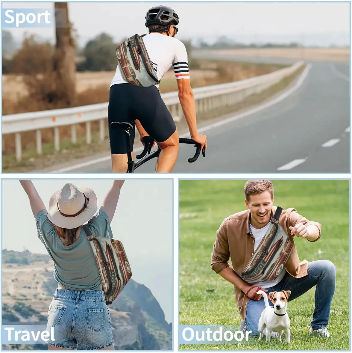 American Flag Car Crossbody Sling Bag for Women Men Crossbody Backpack with 4 Zipper Pockets Fanny Pack Shoulder Casual Daypack for Travel Running Hiking Cycling