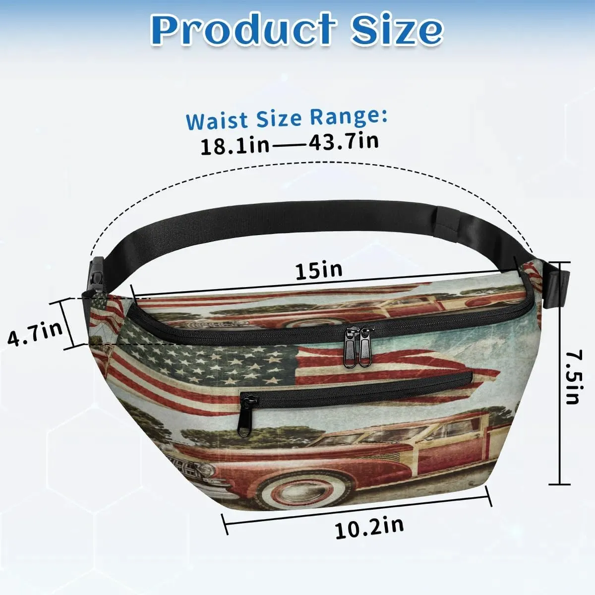 American Flag Car Crossbody Sling Bag for Women Men Crossbody Backpack with 4 Zipper Pockets Fanny Pack Shoulder Casual Daypack for Travel Running Hiking Cycling