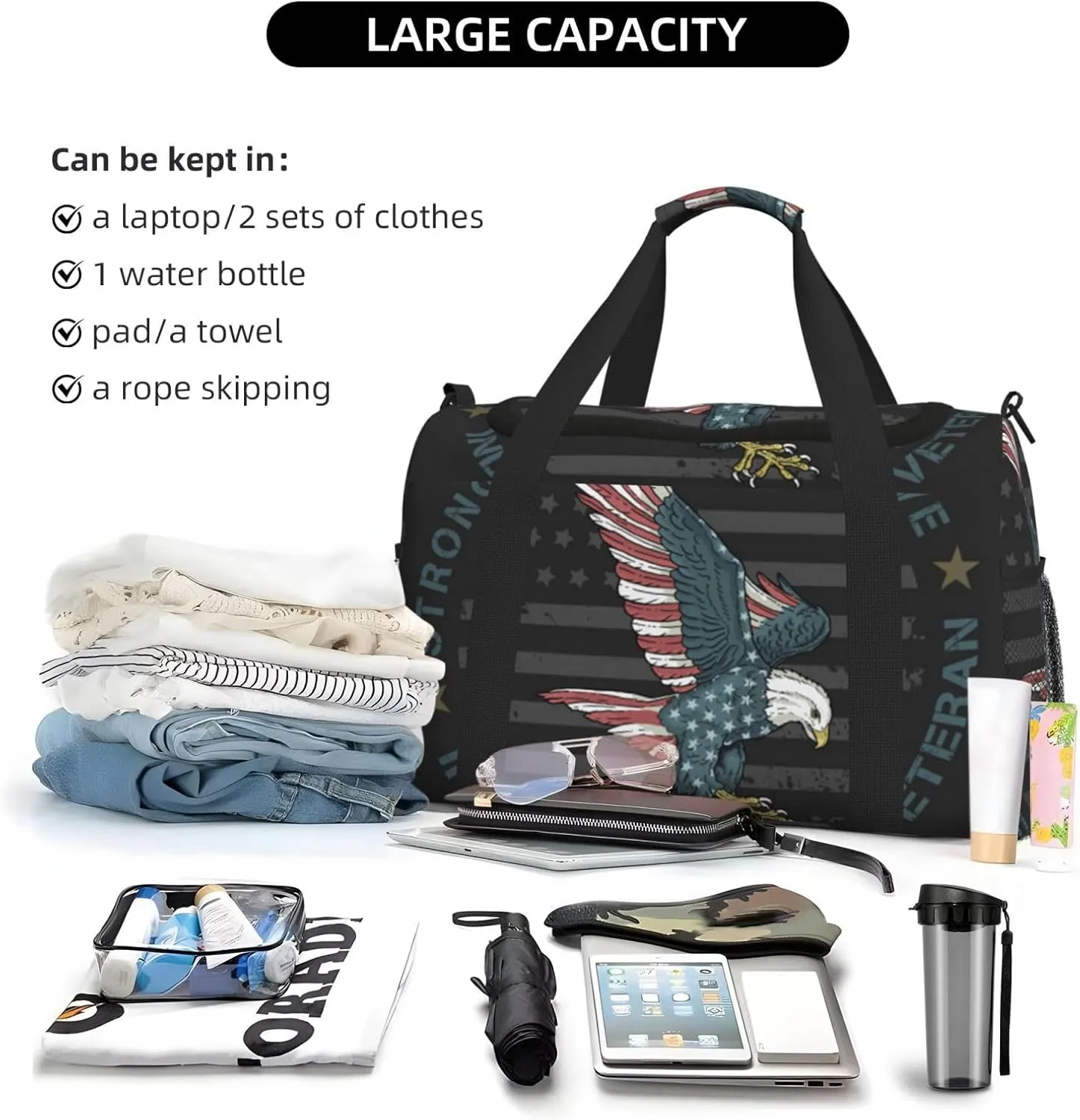 American Flag Eagle Travel Duffel Bag Large Foldable Waterproof Overnight Bag For Beach Swim Bags Pool Sports Gym