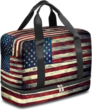 American Flag Sports Gym Bag with Shoes Compartment,Vintage USA Flag 4Th Of July Travel Duffel Bag for Men Women Boys Girls Teens Overnight Weekend Yoga Workout Bag Training Handbag