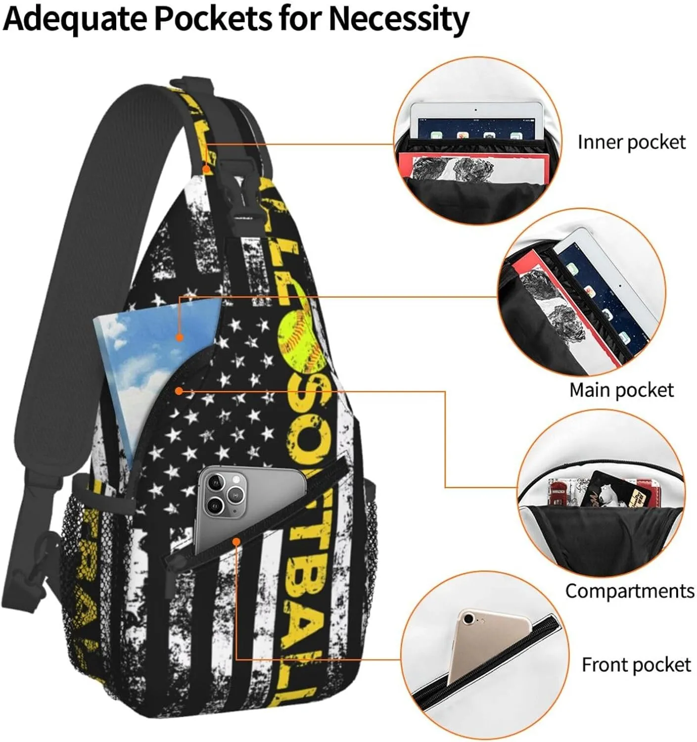 American Flag Swimming Team Sling Bag Adjustable Chest Bags Casual Crossbody Bag Travel Shoulder Backpack