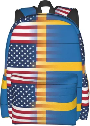 American Swedish Sweden Flag Casual Backpack Large Capacity Travel Backpacks Laptop Daypack Commuter Rucksack Adjustable Strap Sports Bags for Hiking Biking