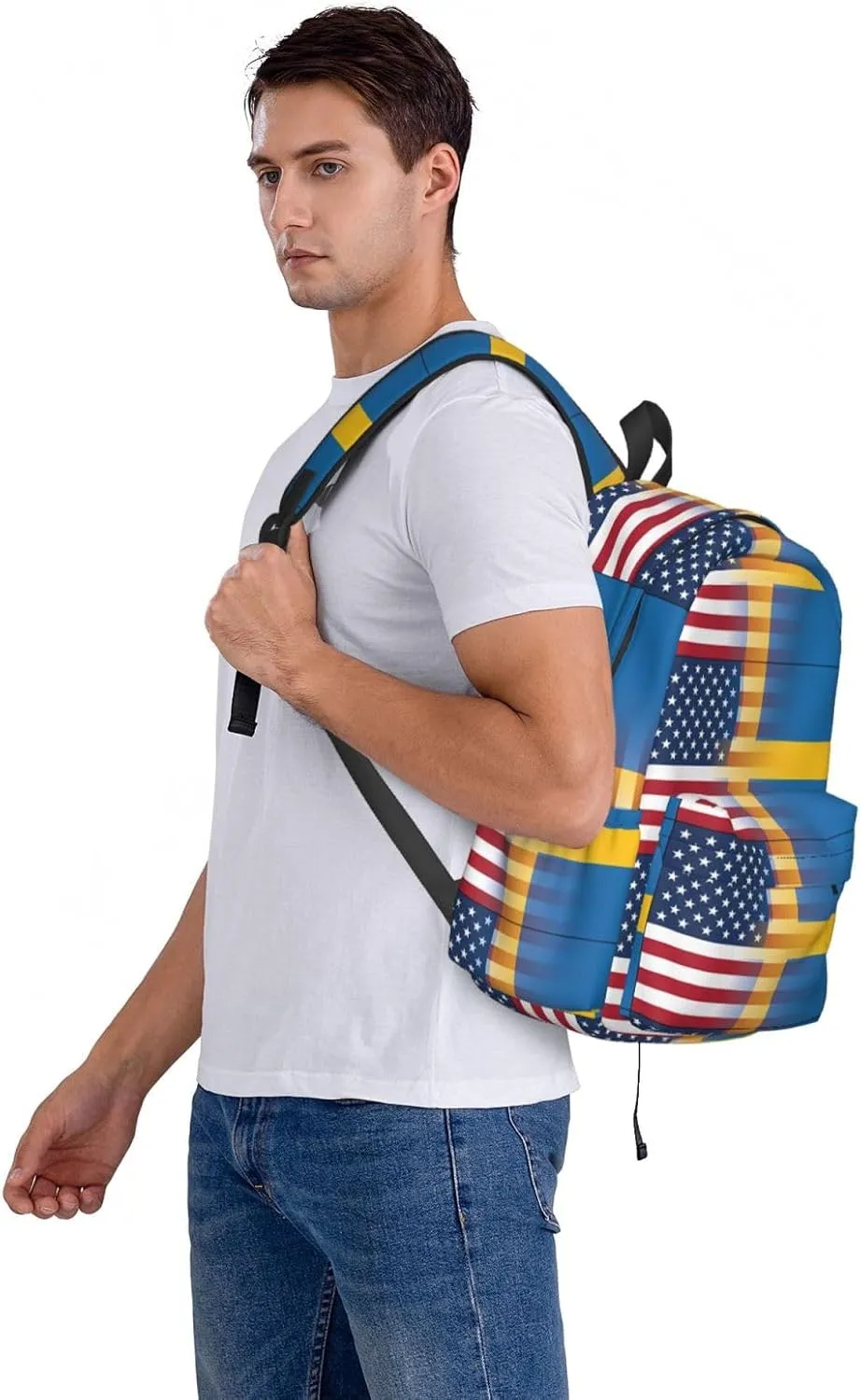 American Swedish Sweden Flag Casual Backpack Large Capacity Travel Backpacks Laptop Daypack Commuter Rucksack Adjustable Strap Sports Bags for Hiking Biking