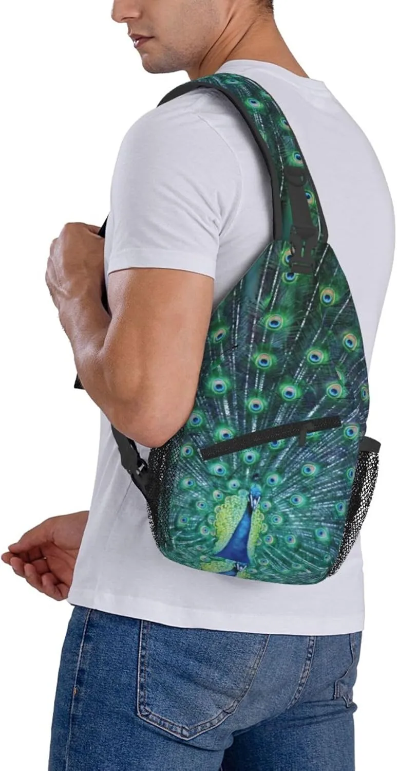 AMRANDOM Crossbody Sling Bag Peacock Feather Chest Bag Running for Men Women Workout Travelling
