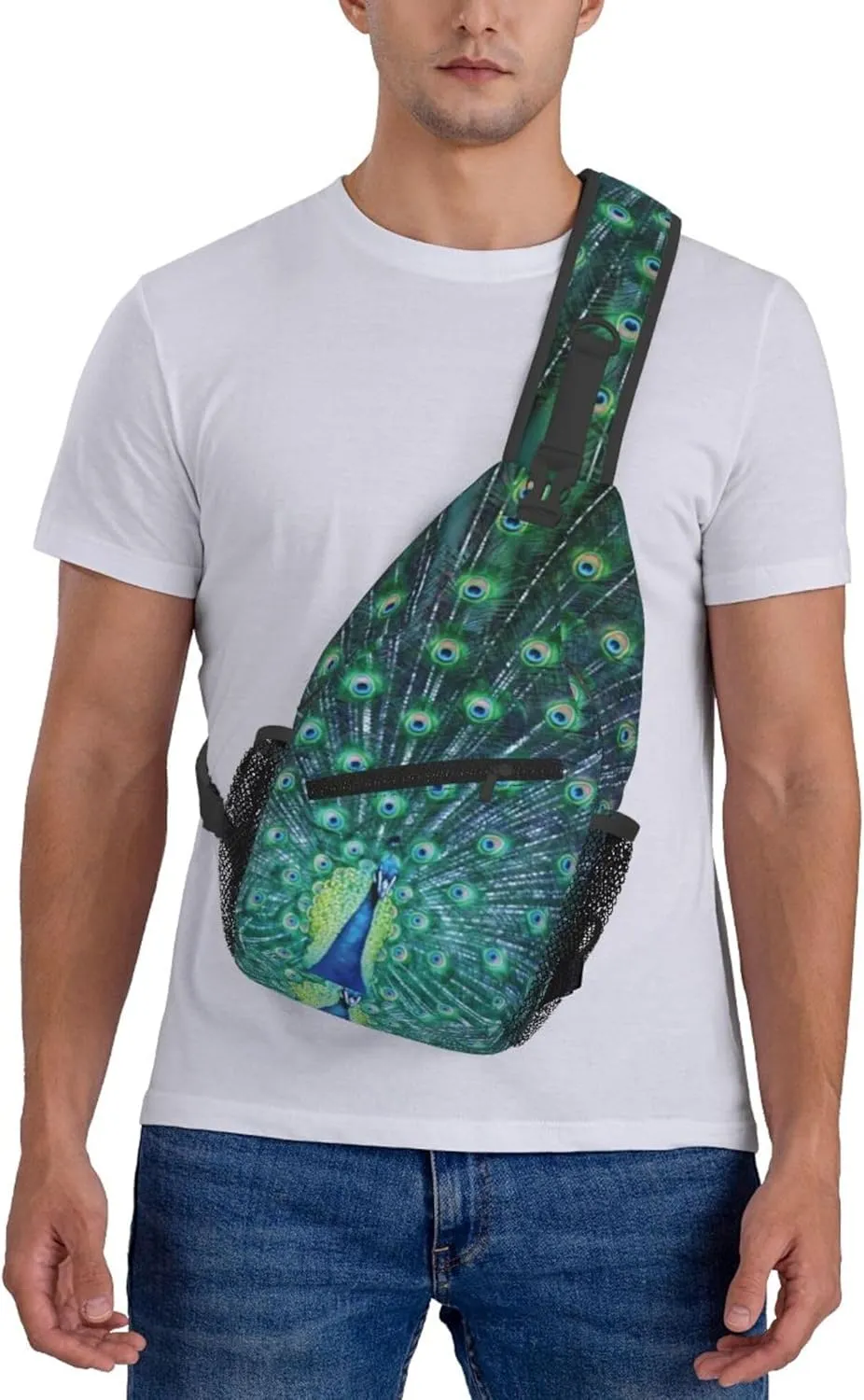 AMRANDOM Crossbody Sling Bag Peacock Feather Chest Bag Running for Men Women Workout Travelling