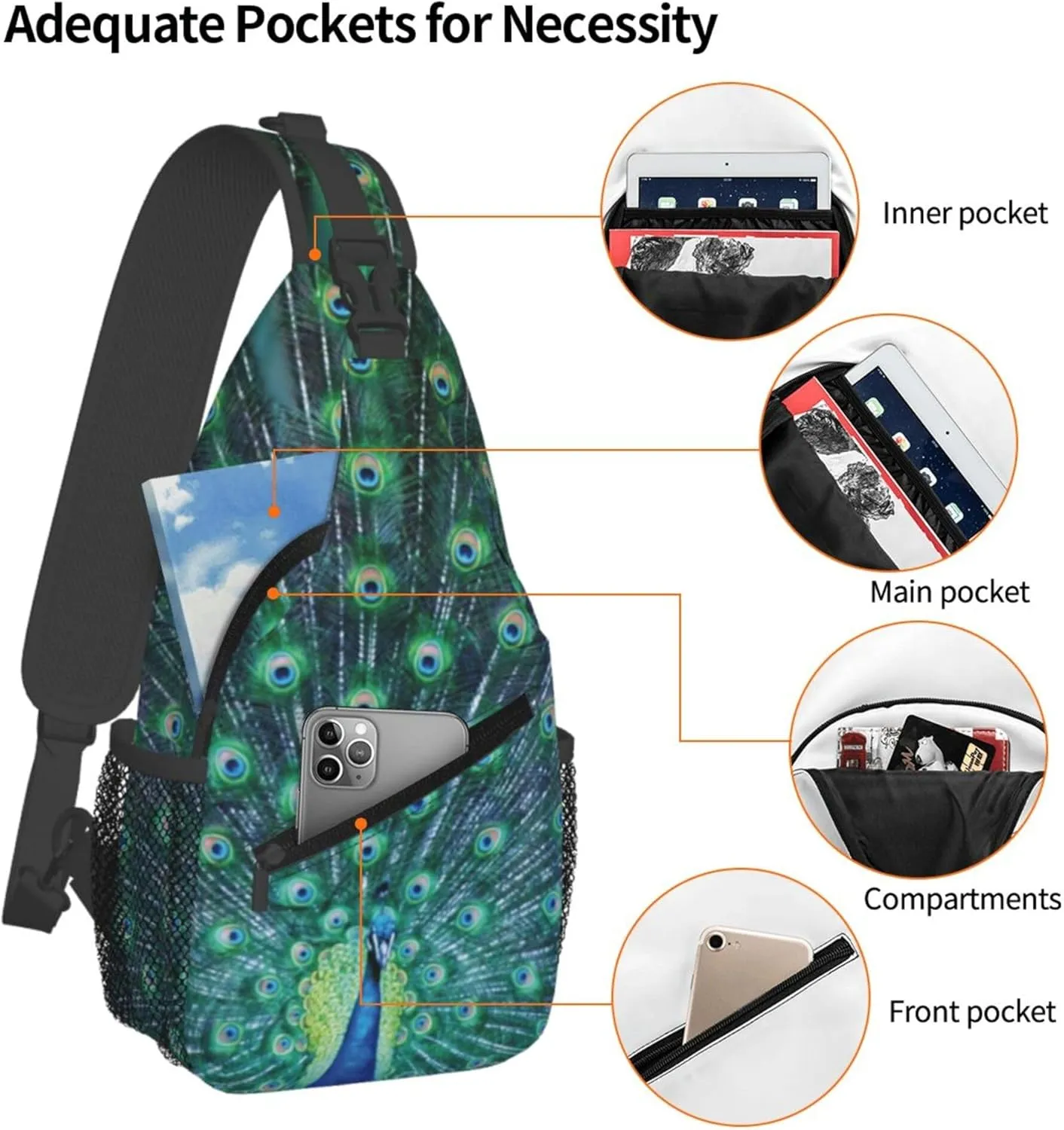 AMRANDOM Crossbody Sling Bag Peacock Feather Chest Bag Running for Men Women Workout Travelling