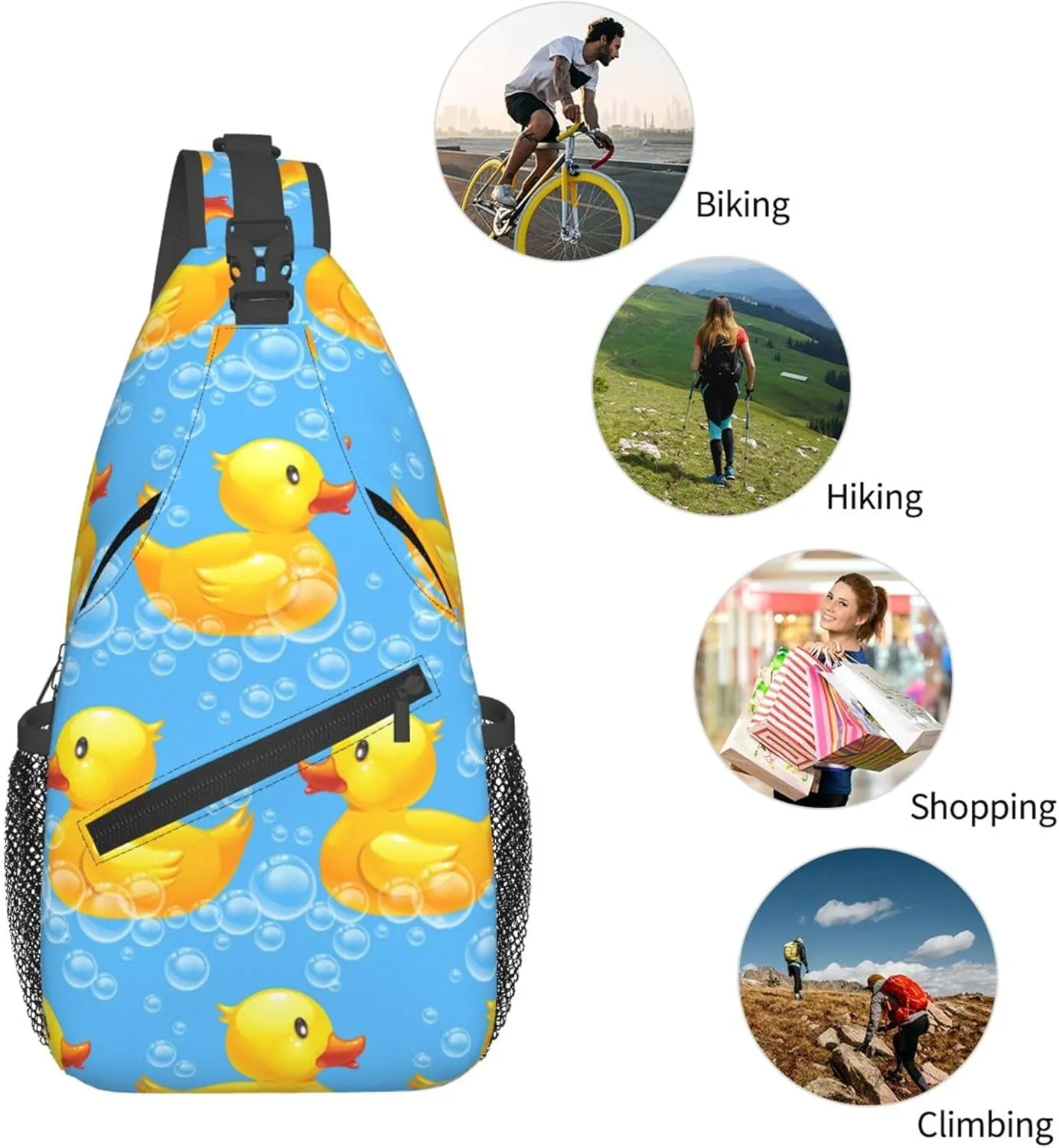 AMRANDOM Cute Funny Yellow Duck Rubber Ducky Sky Blue Sling Backpack Crossbody Shoulder Bag Travel Hiking Daypack Chest Bag