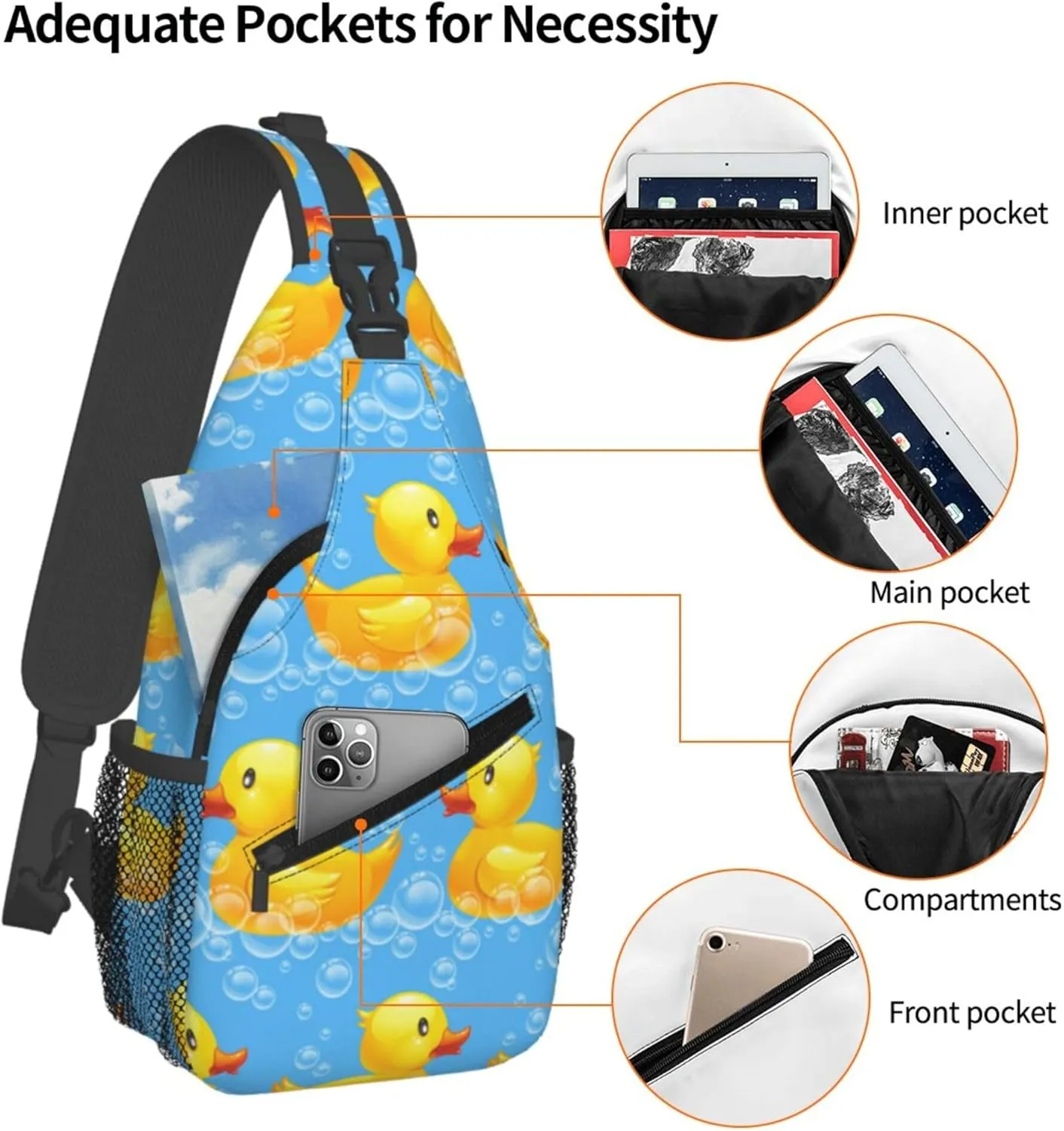 AMRANDOM Cute Funny Yellow Duck Rubber Ducky Sky Blue Sling Backpack Crossbody Shoulder Bag Travel Hiking Daypack Chest Bag