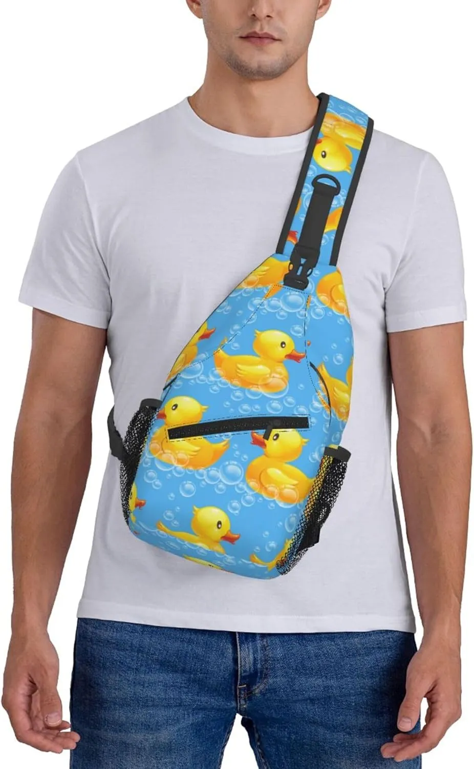 AMRANDOM Cute Funny Yellow Duck Rubber Ducky Sky Blue Sling Backpack Crossbody Shoulder Bag Travel Hiking Daypack Chest Bag