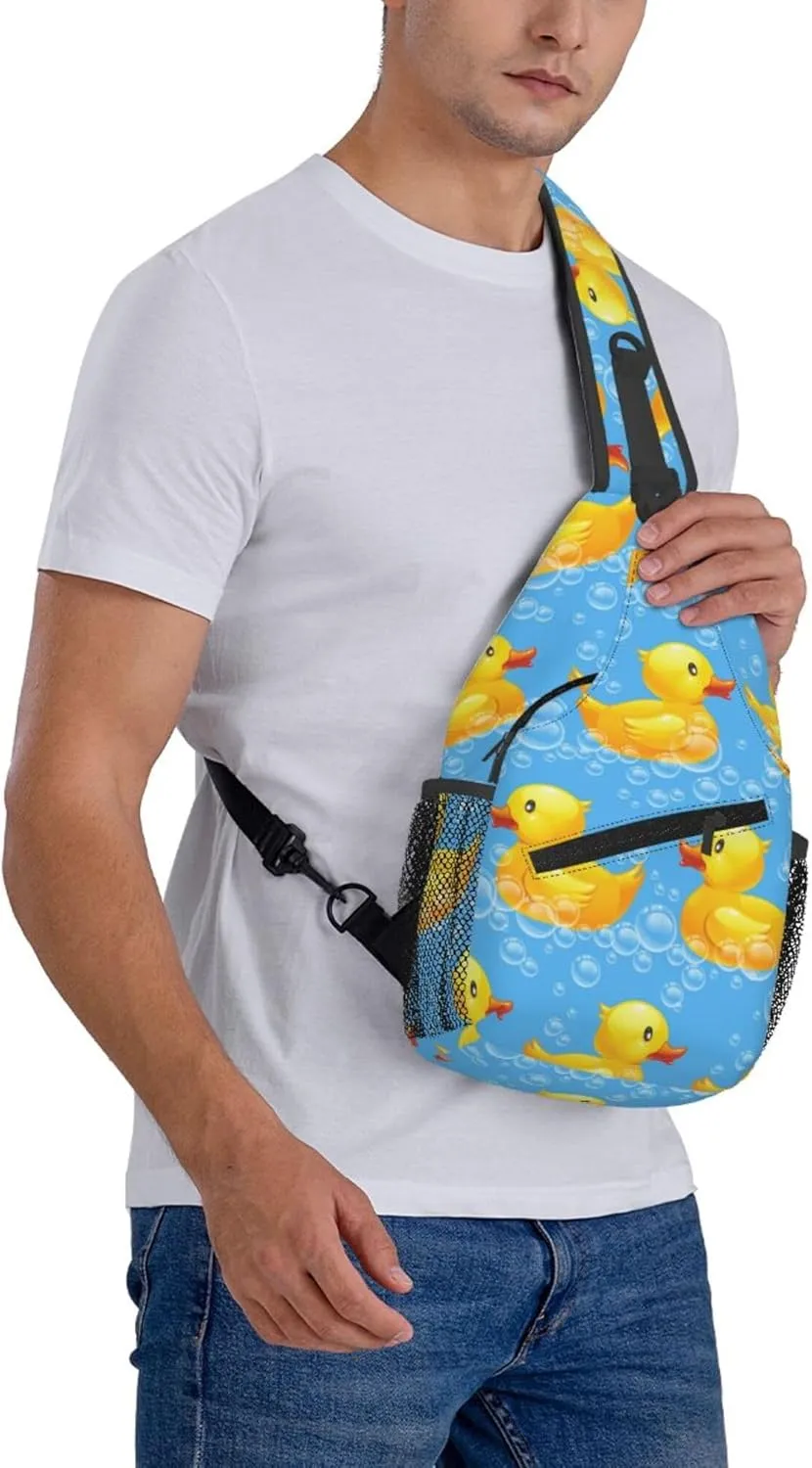 AMRANDOM Cute Funny Yellow Duck Rubber Ducky Sky Blue Sling Backpack Crossbody Shoulder Bag Travel Hiking Daypack Chest Bag