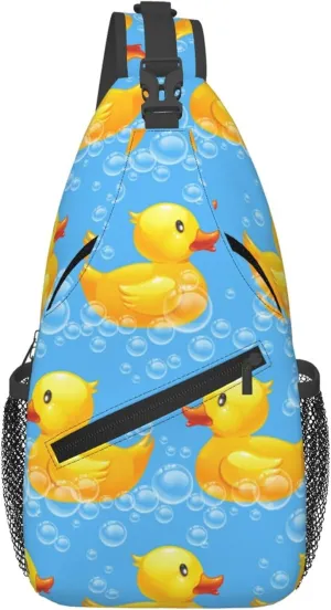 AMRANDOM Cute Funny Yellow Duck Rubber Ducky Sky Blue Sling Backpack Crossbody Shoulder Bag Travel Hiking Daypack Chest Bag
