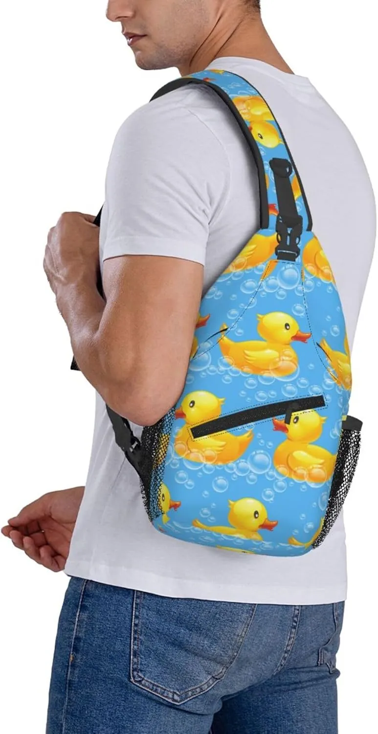 AMRANDOM Cute Funny Yellow Duck Rubber Ducky Sky Blue Sling Backpack Crossbody Shoulder Bag Travel Hiking Daypack Chest Bag