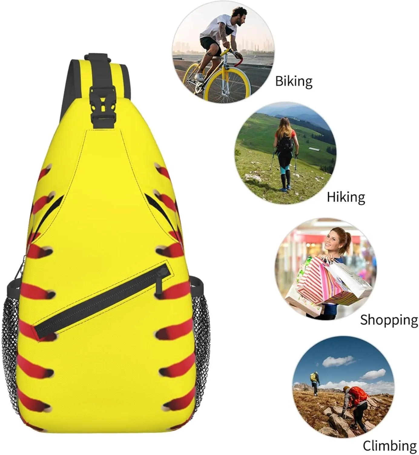 AMRANDOM Sling Bag for Men Women Crossbody Hiking Daypack Chest Bag Shoulder Backpack (red lines Yellow Softball)