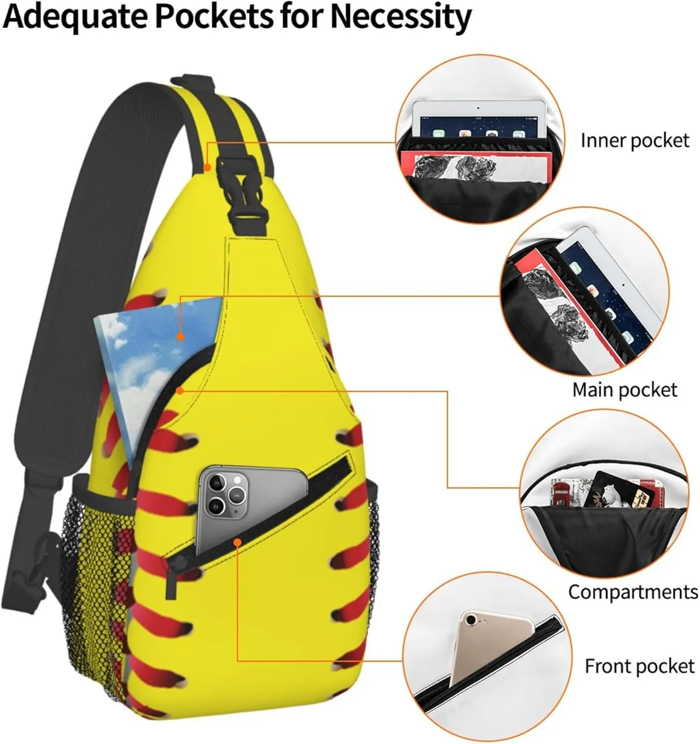 AMRANDOM Sling Bag for Men Women Crossbody Hiking Daypack Chest Bag Shoulder Backpack (red lines Yellow Softball)