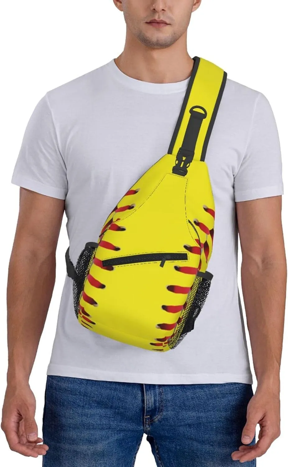 AMRANDOM Sling Bag for Men Women Crossbody Hiking Daypack Chest Bag Shoulder Backpack (red lines Yellow Softball)