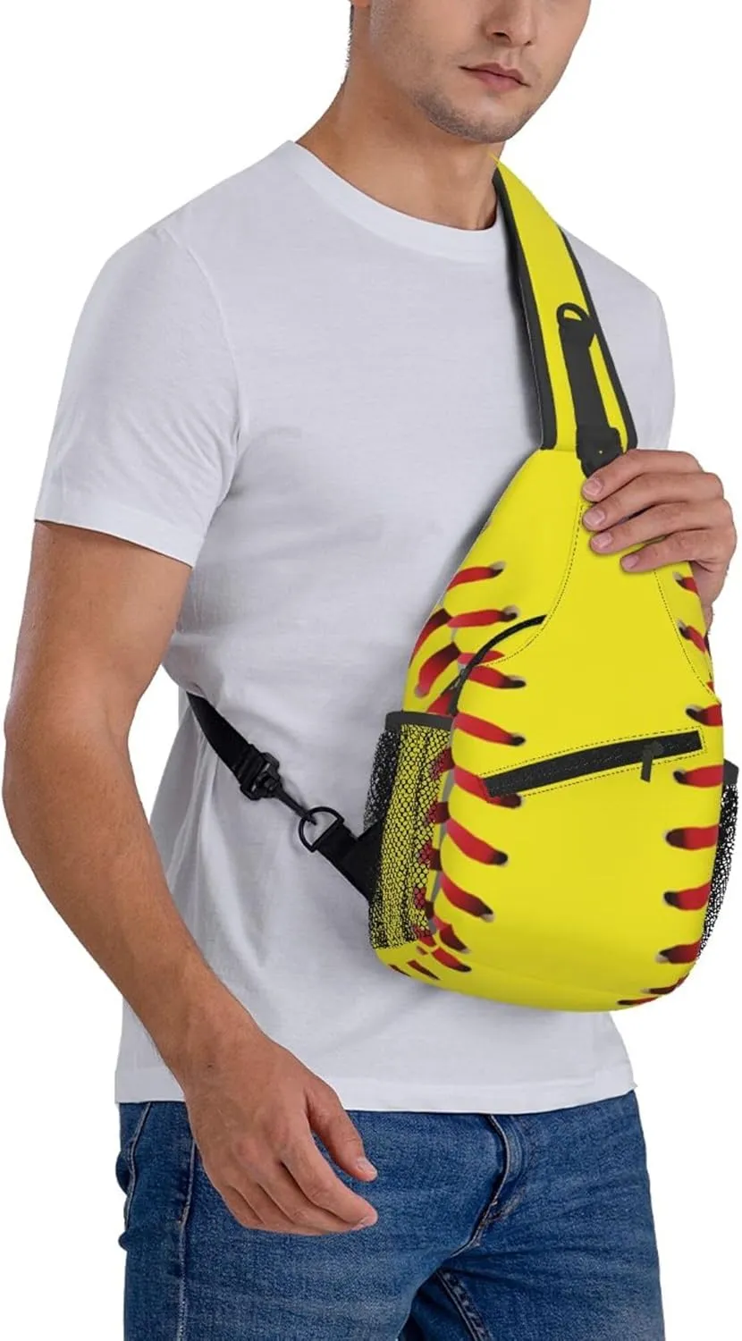 AMRANDOM Sling Bag for Men Women Crossbody Hiking Daypack Chest Bag Shoulder Backpack (red lines Yellow Softball)