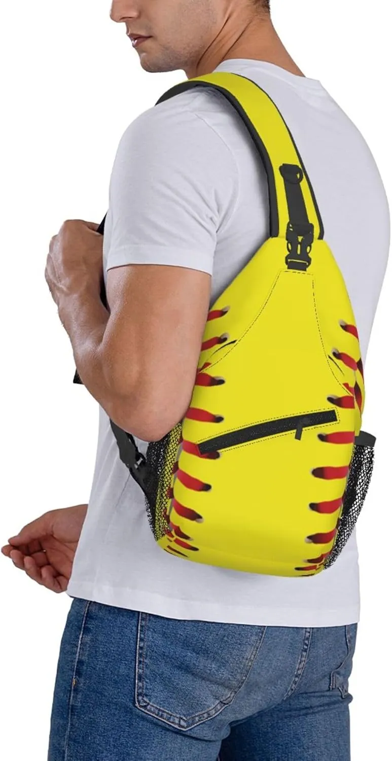 AMRANDOM Sling Bag for Men Women Crossbody Hiking Daypack Chest Bag Shoulder Backpack (red lines Yellow Softball)