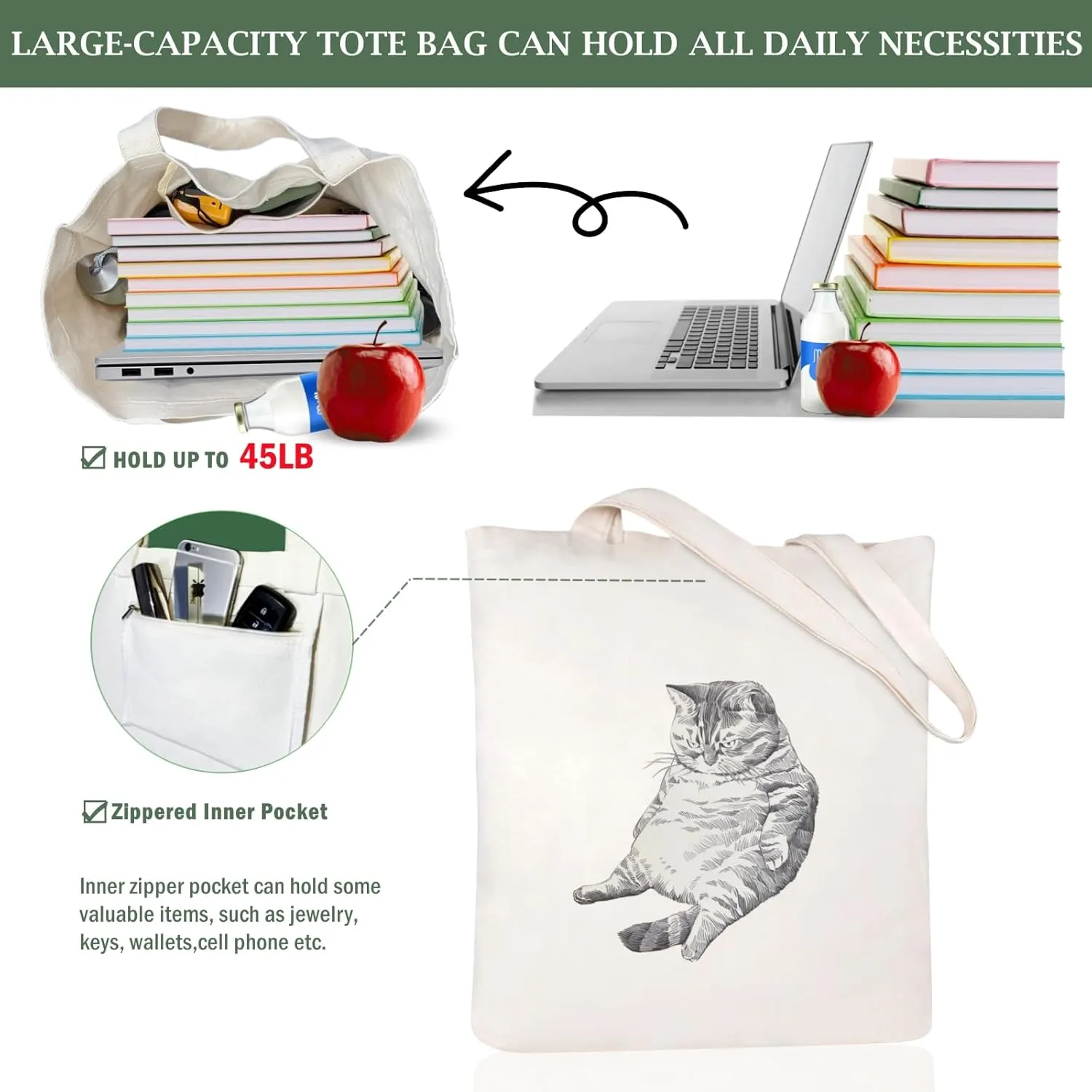 Andeiltech Canvas Aesthetic Tote Bag for Women with Inner Pocket Totes Shoulder Book Bag Shopping Reusable Grocery Bags