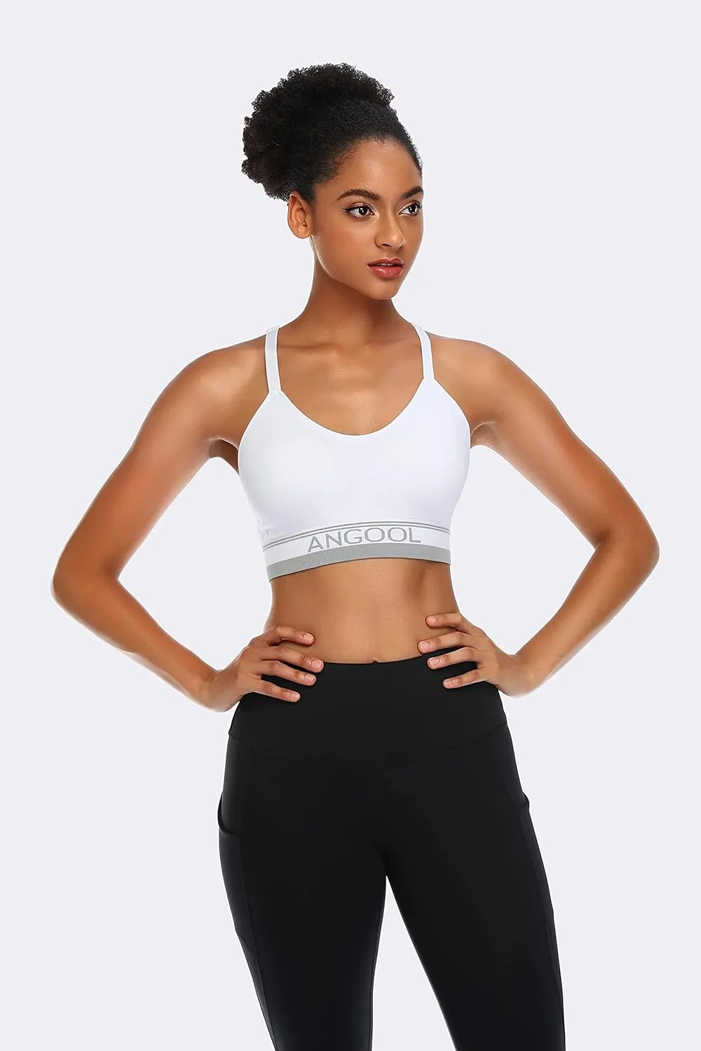 ANGOOL Strappy Sports Bra for Women, Longline Medium Support Yoga Bra Wirefree Padded Sports Bra with Adjustable Straps