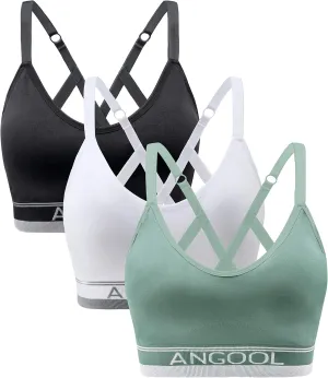 ANGOOL Strappy Sports Bra for Women, Longline Medium Support Yoga Bra Wirefree Padded Sports Bra with Adjustable Straps