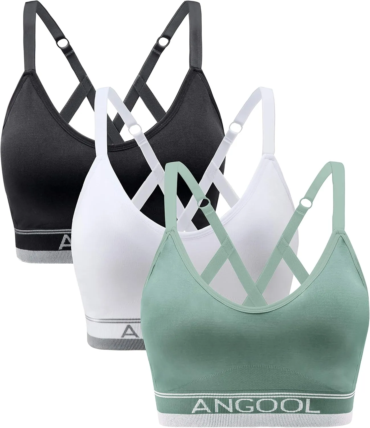 ANGOOL Strappy Sports Bra for Women, Longline Medium Support Yoga Bra Wirefree Padded Sports Bra with Adjustable Straps