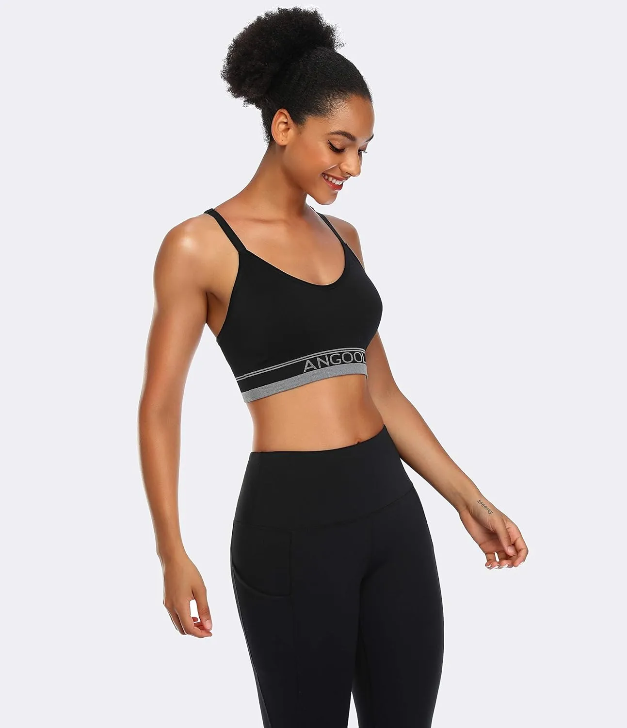 ANGOOL Strappy Sports Bra for Women, Longline Medium Support Yoga Bra Wirefree Padded Sports Bra with Adjustable Straps