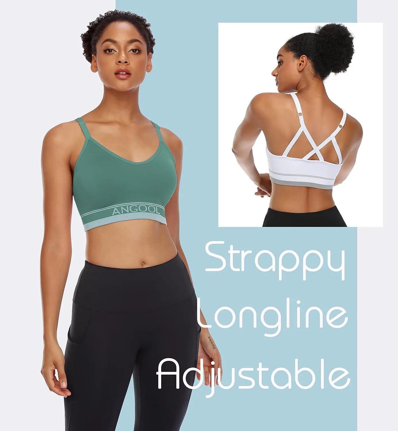 ANGOOL Strappy Sports Bra for Women, Longline Medium Support Yoga Bra Wirefree Padded Sports Bra with Adjustable Straps