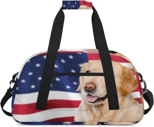 Animal Dog Gym Duffel Bag for Men Women USA Flag Sports Tote Bag with Adjustable Shoulder Strap for Dance Gymnastics Traveling Outdoor Camping Overnight Stay