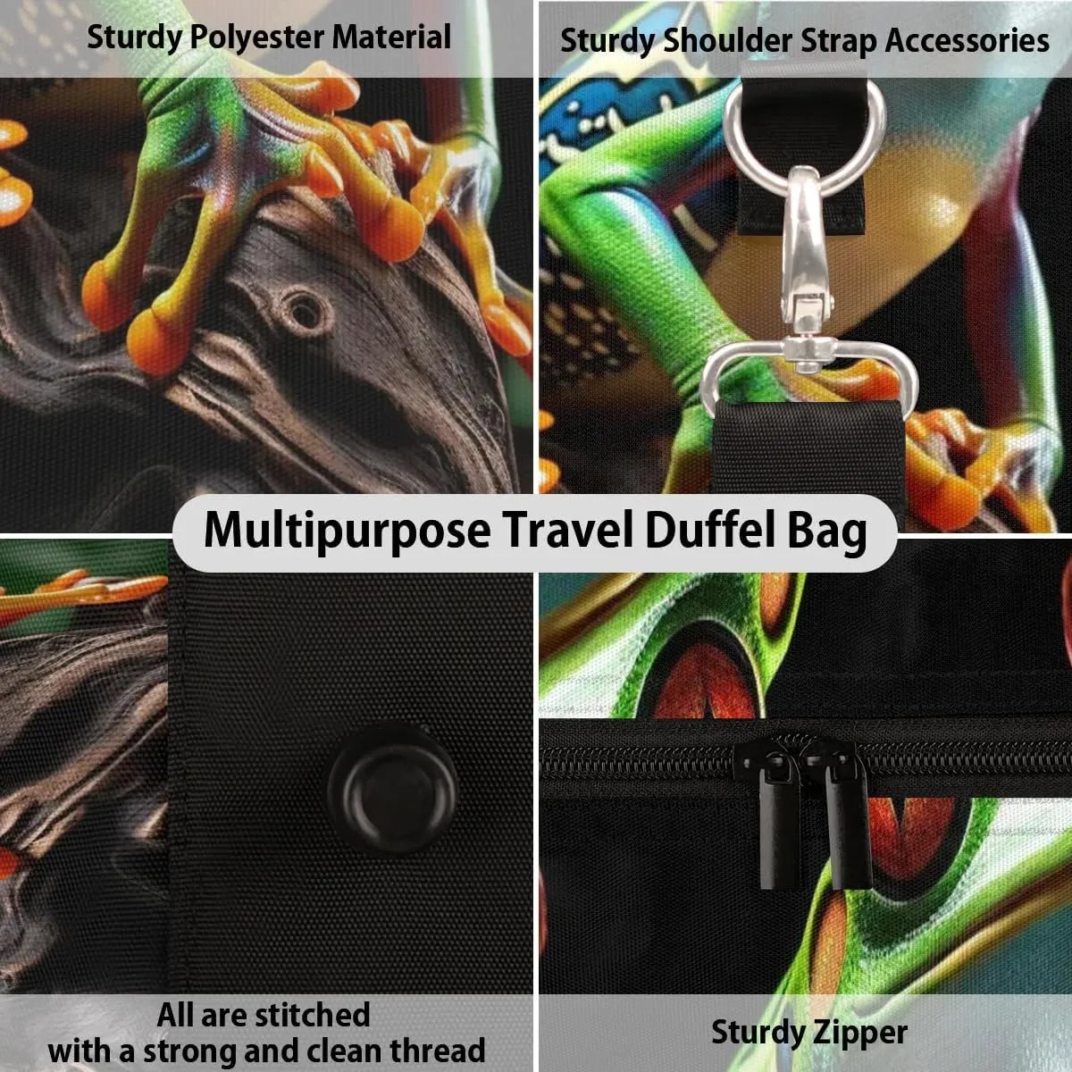 Animal Frog Travel Duffel Bag for Women Men Waterproof Foldable Overnight Weekender Bag Large Capacity Sports Gym Bag