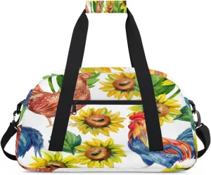 Animals Chicken Gym Duffel Bag for Men Women Sunflower Sports Tote Bag with Adjustable Shoulder Strap for Dance Gymnastics Traveling Outdoor Camping Overnight Stay
