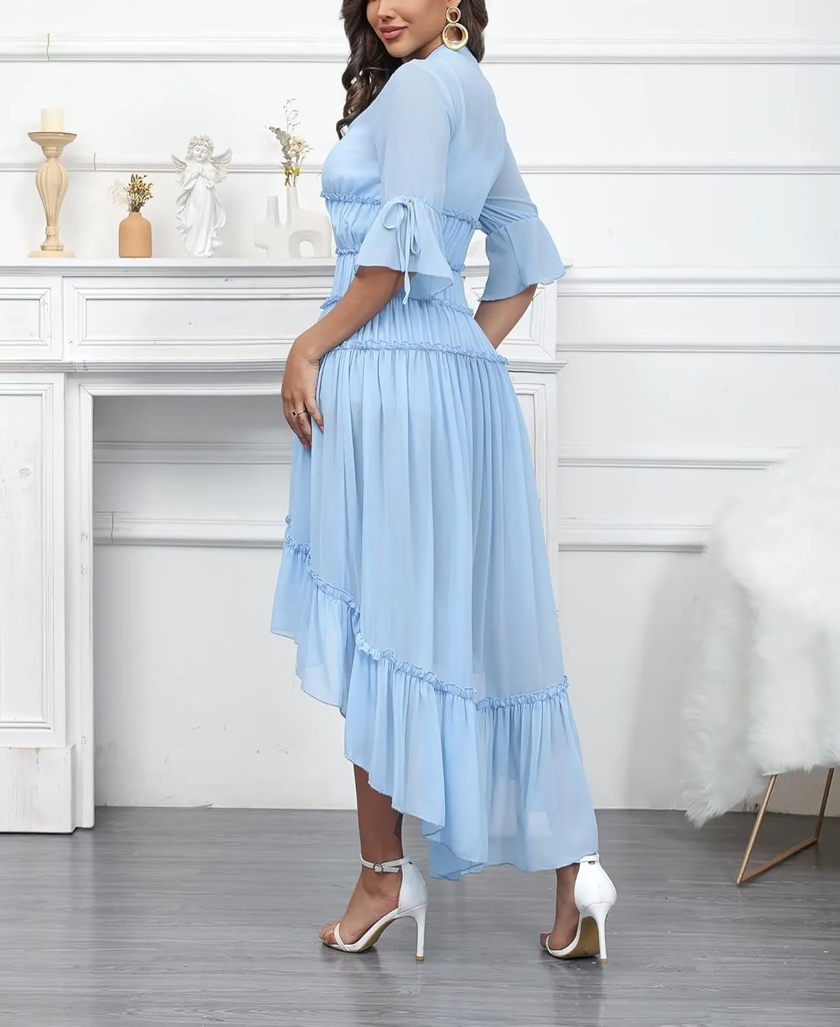 Aro Lora Women's Button Down Shirt Dress Sheer Chiffon V Neck Asymmetrical Ruffle Summer Beach Maxi Dress
