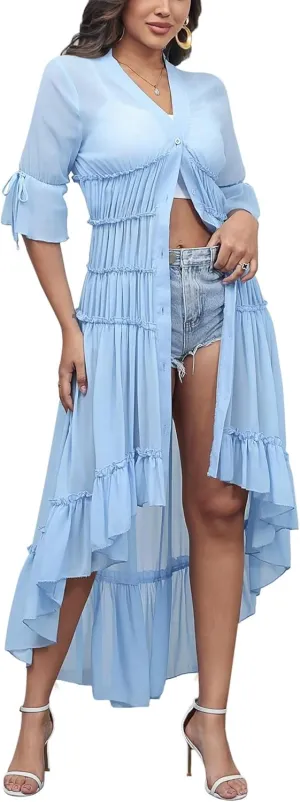Aro Lora Women's Button Down Shirt Dress Sheer Chiffon V Neck Asymmetrical Ruffle Summer Beach Maxi Dress