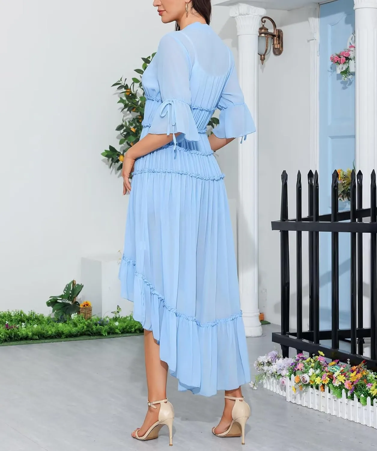 Aro Lora Women's Button Down Shirt Dress Sheer Chiffon V Neck Asymmetrical Ruffle Summer Beach Maxi Dress