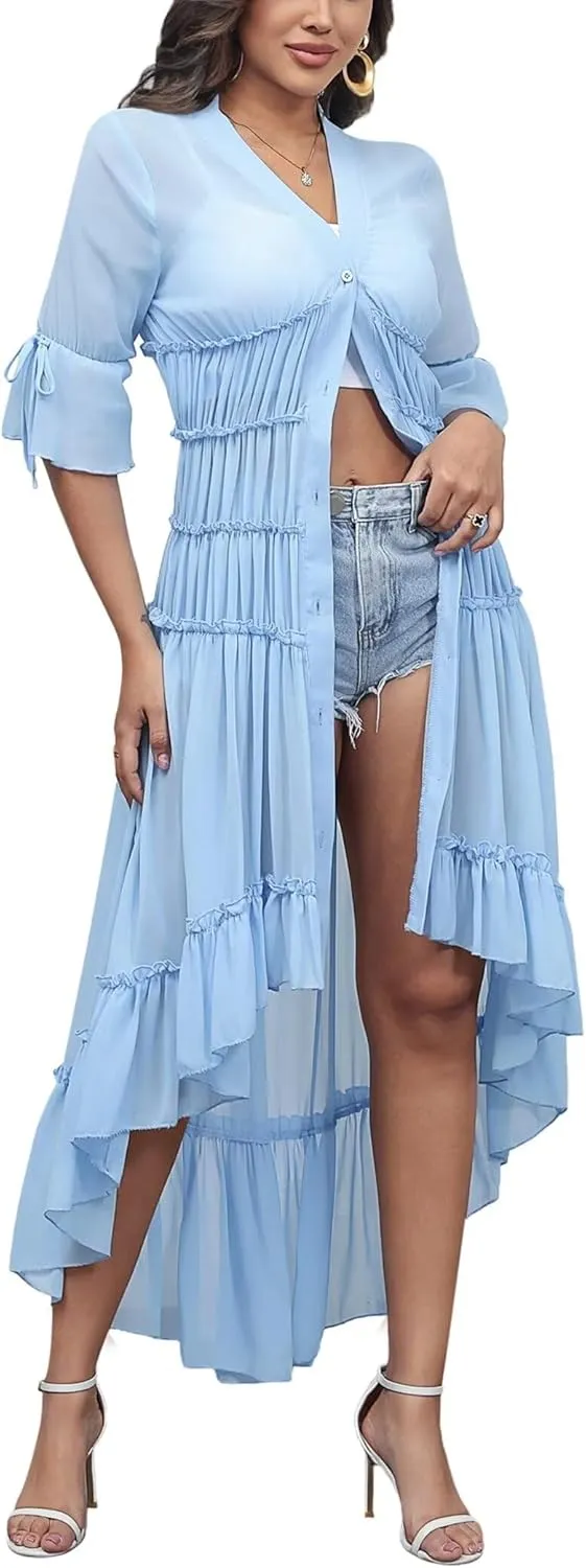 Aro Lora Women's Button Down Shirt Dress Sheer Chiffon V Neck Asymmetrical Ruffle Summer Beach Maxi Dress