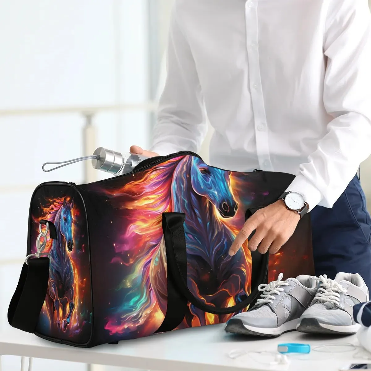 Art Horse Print Travel Duffel Bag for Women Men Waterproof Foldable Overnight Weekender Bag Large Capacity Sports Gym Bag