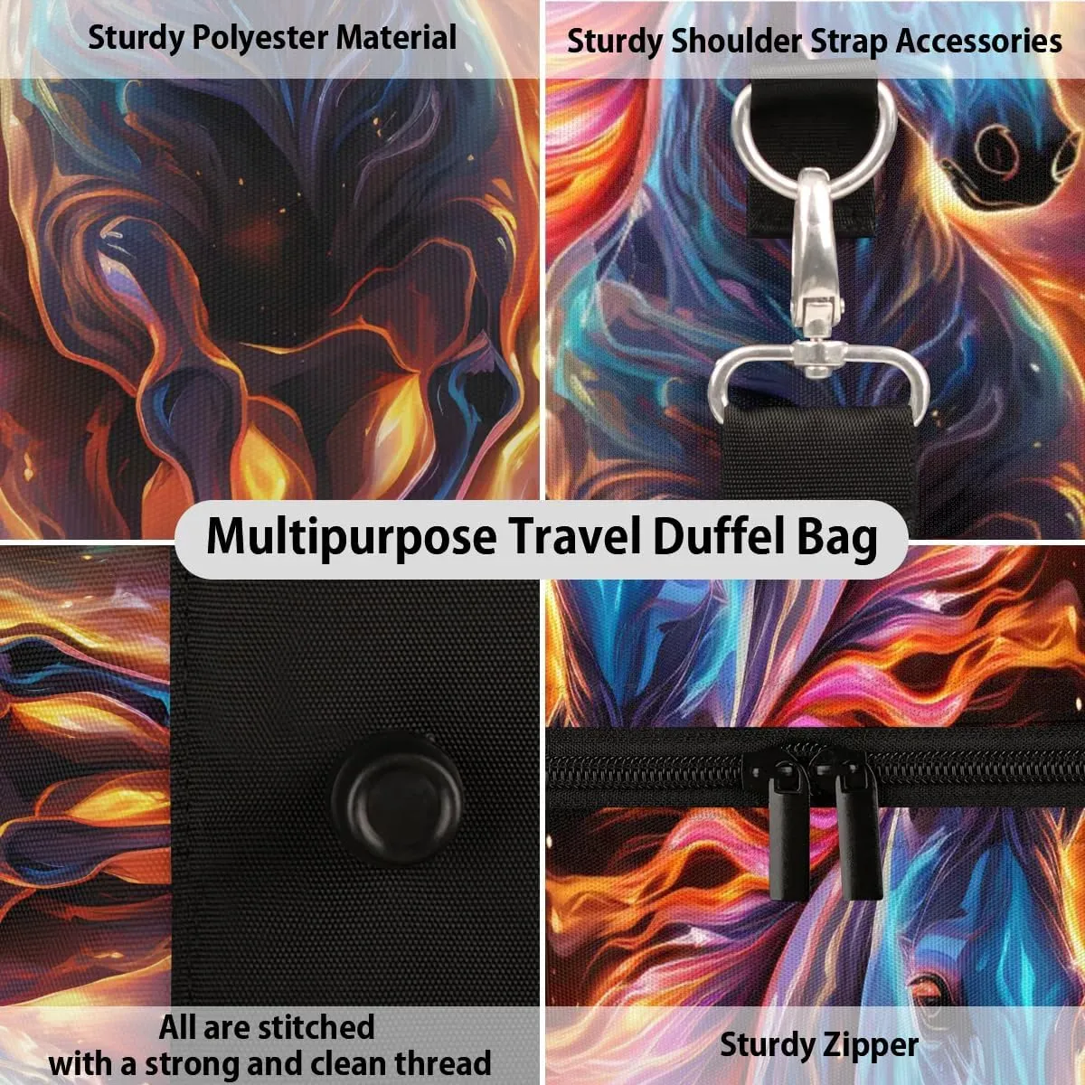 Art Horse Print Travel Duffel Bag for Women Men Waterproof Foldable Overnight Weekender Bag Large Capacity Sports Gym Bag