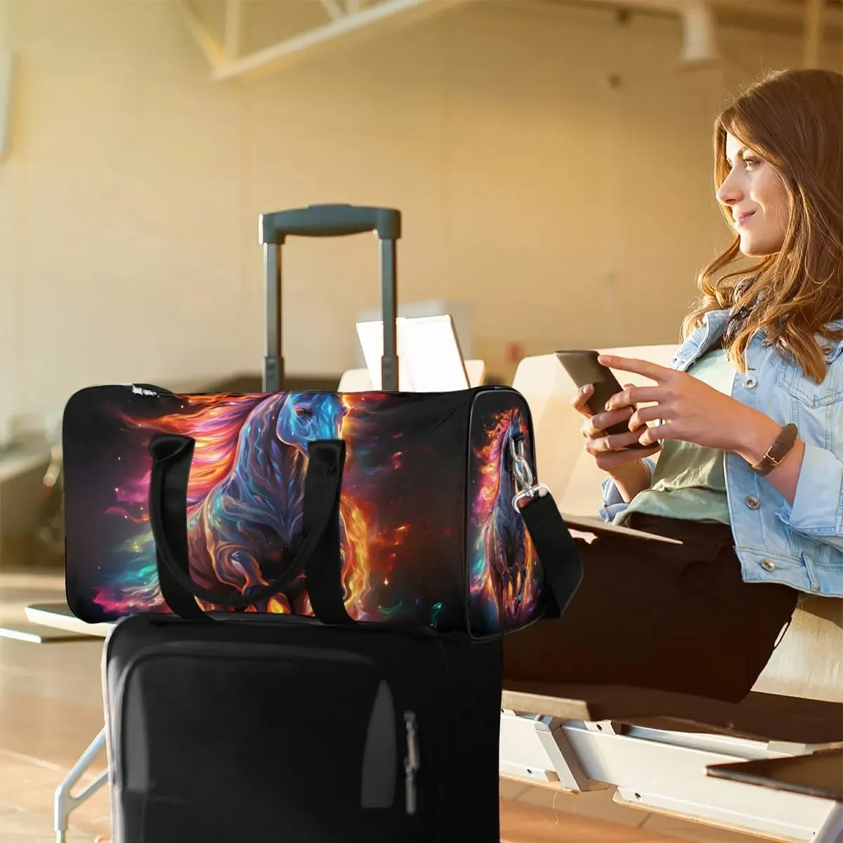 Art Horse Print Travel Duffel Bag for Women Men Waterproof Foldable Overnight Weekender Bag Large Capacity Sports Gym Bag