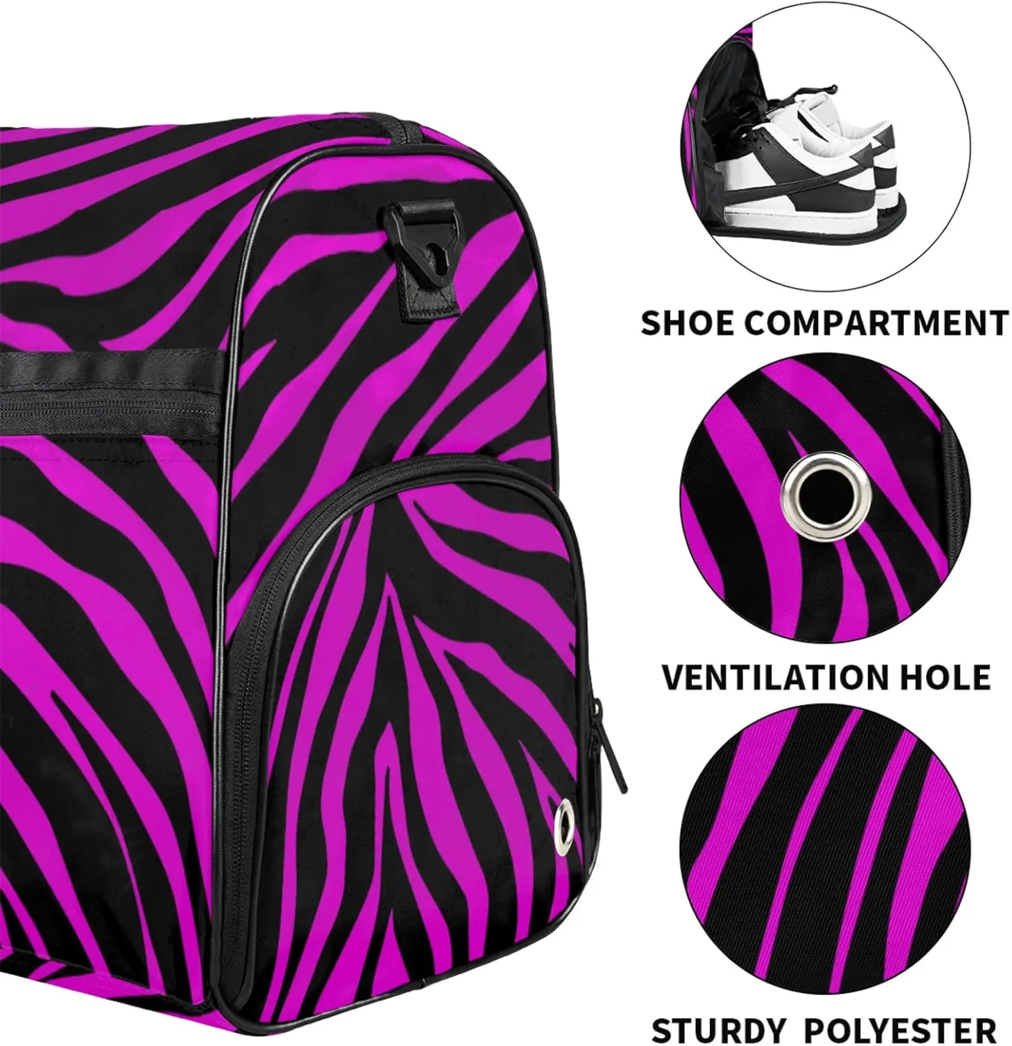 Art Patterns Gym Bag for Men- 43L large Duffle Bag for Travel, Zebra Print Travel Bag with Shoe Compartment-Personal Item Travel Bag Weekender Bags for Women