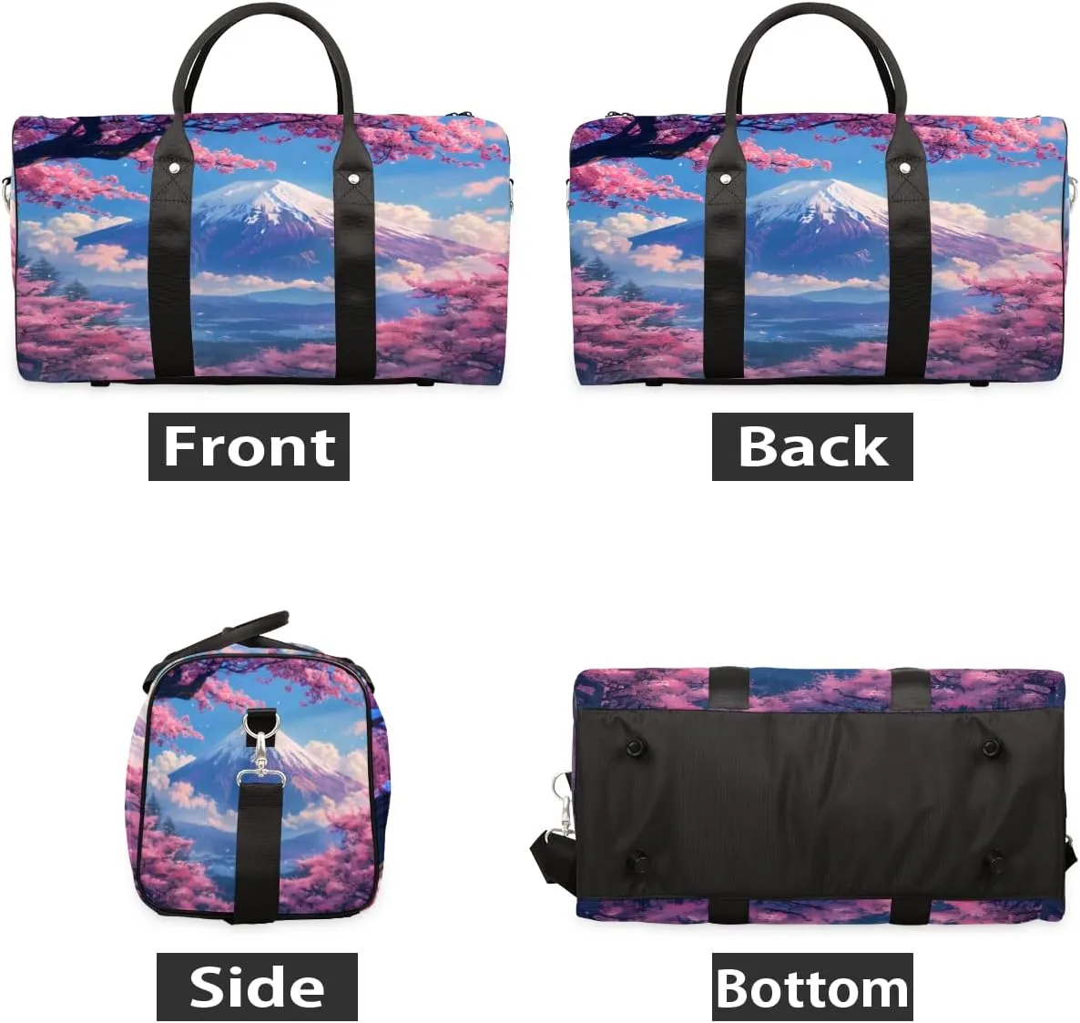 Asian Japanese Travel Duffle Bag, Sports Gym Bags for Women Men, Carry On Weekender Overnight Bag, Cherry Blossom Mount Fuji Workout Hospital Airplane Trips Bag