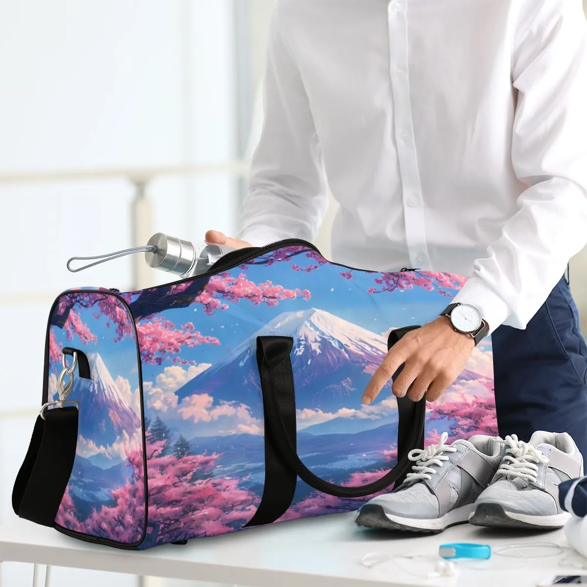 Asian Japanese Travel Duffle Bag, Sports Gym Bags for Women Men, Carry On Weekender Overnight Bag, Cherry Blossom Mount Fuji Workout Hospital Airplane Trips Bag