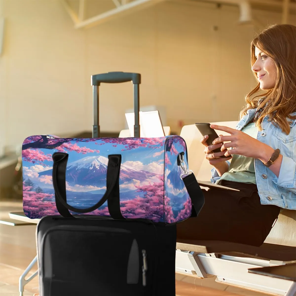 Asian Japanese Travel Duffle Bag, Sports Gym Bags for Women Men, Carry On Weekender Overnight Bag, Cherry Blossom Mount Fuji Workout Hospital Airplane Trips Bag