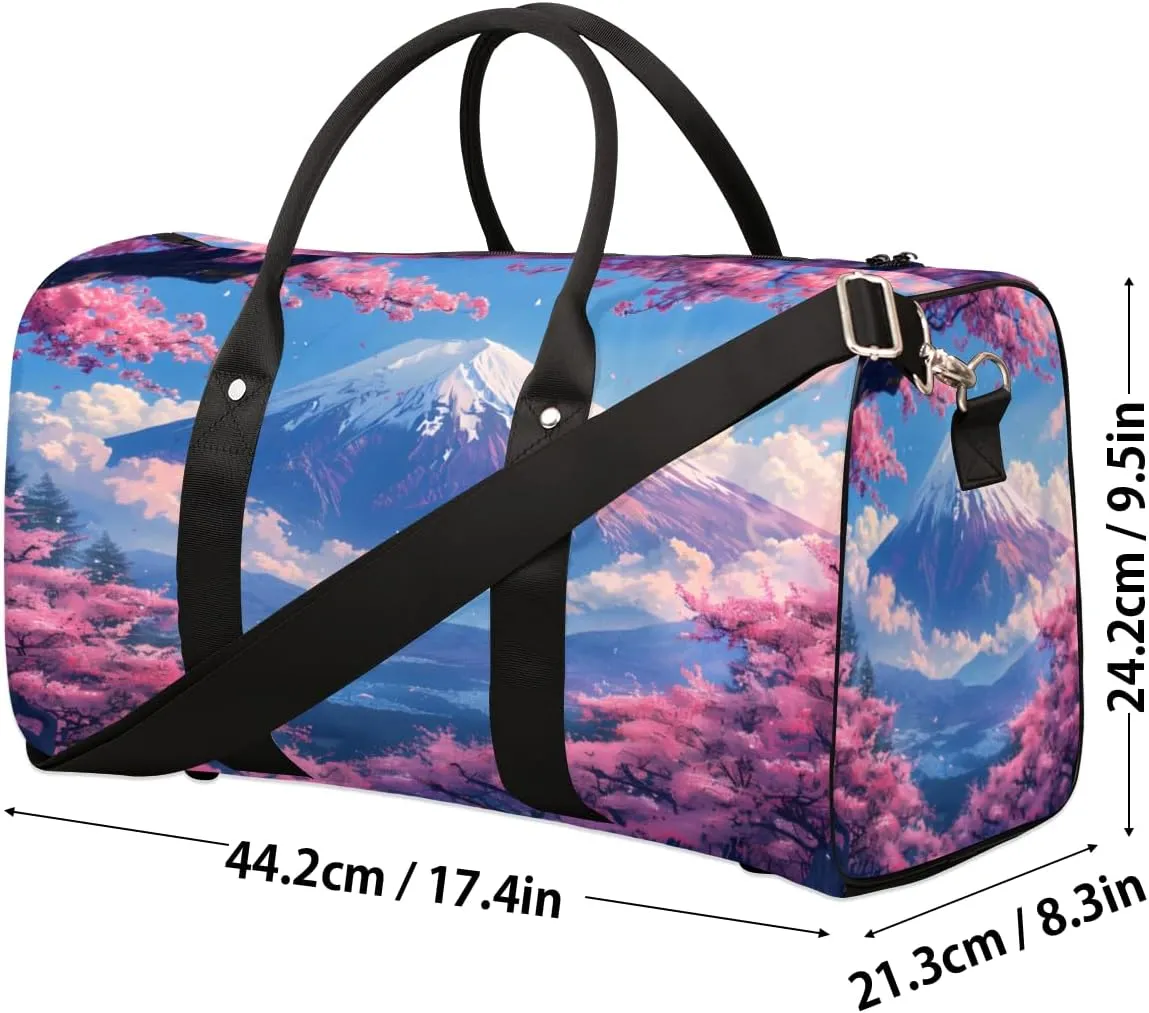 Asian Japanese Travel Duffle Bag, Sports Gym Bags for Women Men, Carry On Weekender Overnight Bag, Cherry Blossom Mount Fuji Workout Hospital Airplane Trips Bag