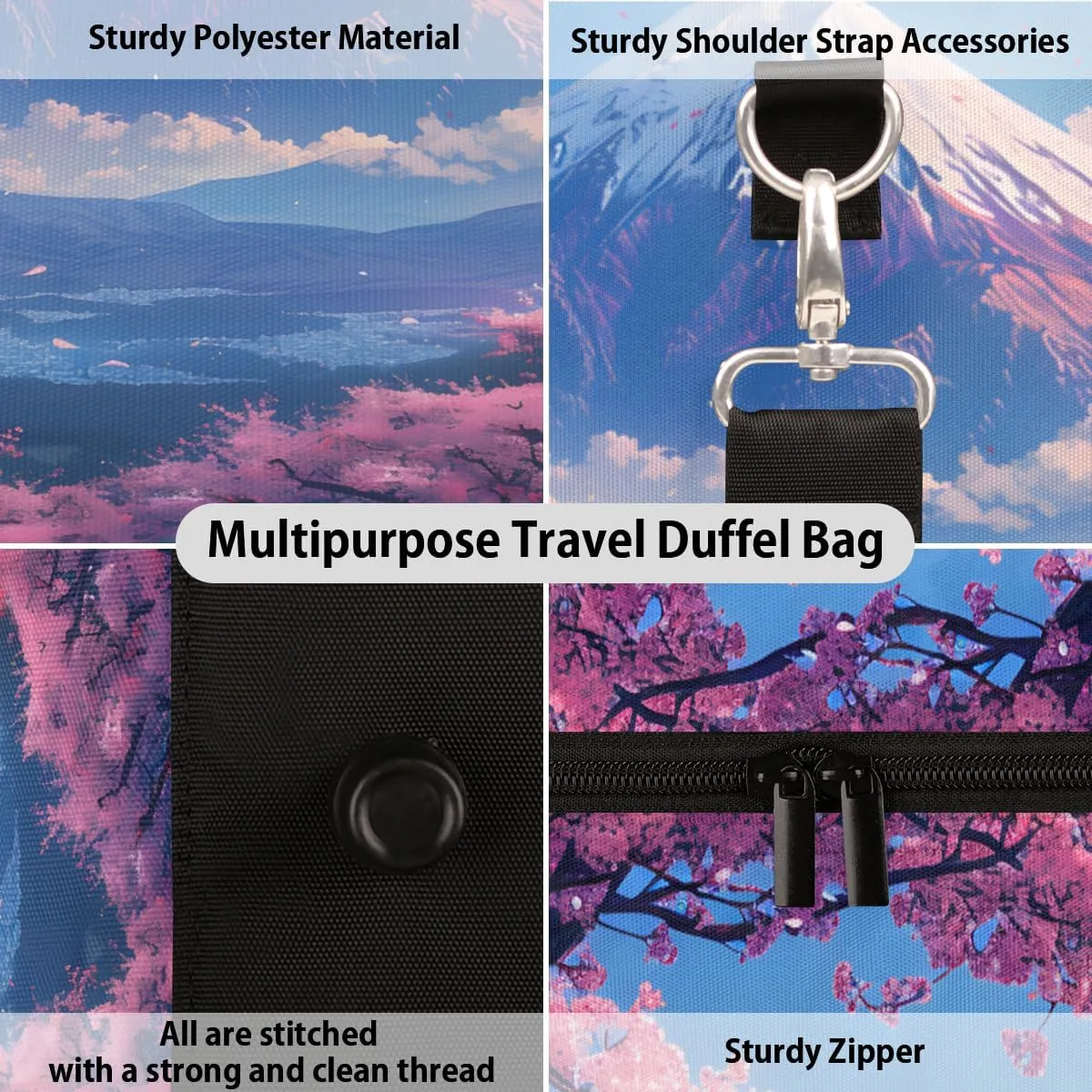 Asian Japanese Travel Duffle Bag, Sports Gym Bags for Women Men, Carry On Weekender Overnight Bag, Cherry Blossom Mount Fuji Workout Hospital Airplane Trips Bag