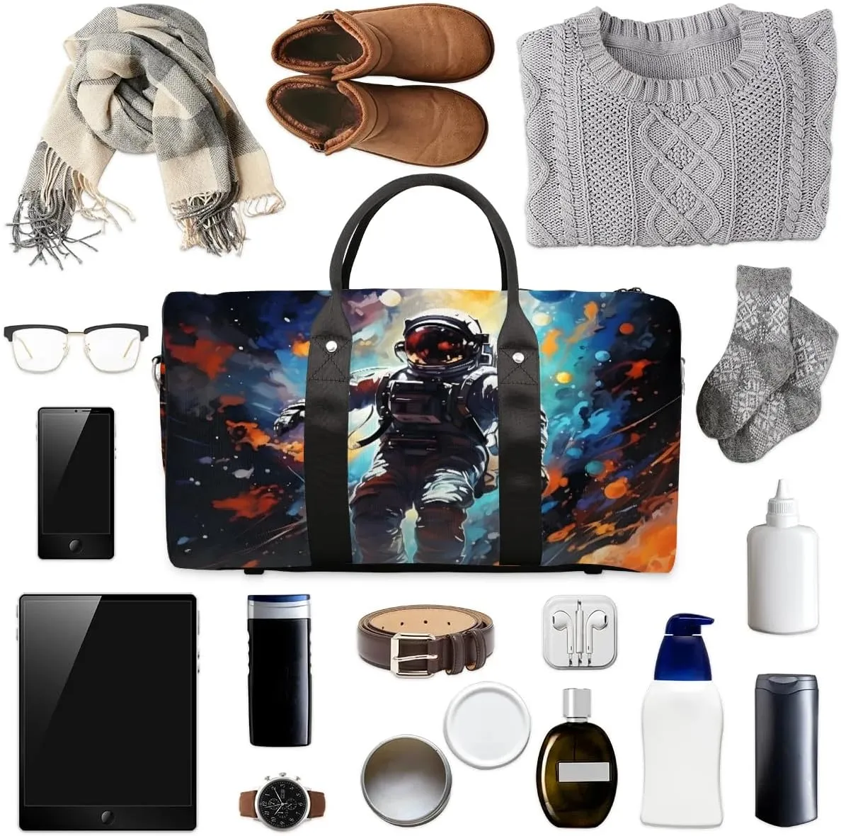 Astronaut Print Travel Duffel Bag for Women Men Waterproof Foldable Overnight Weekender Bag Large Capacity Sports Gym Bag
