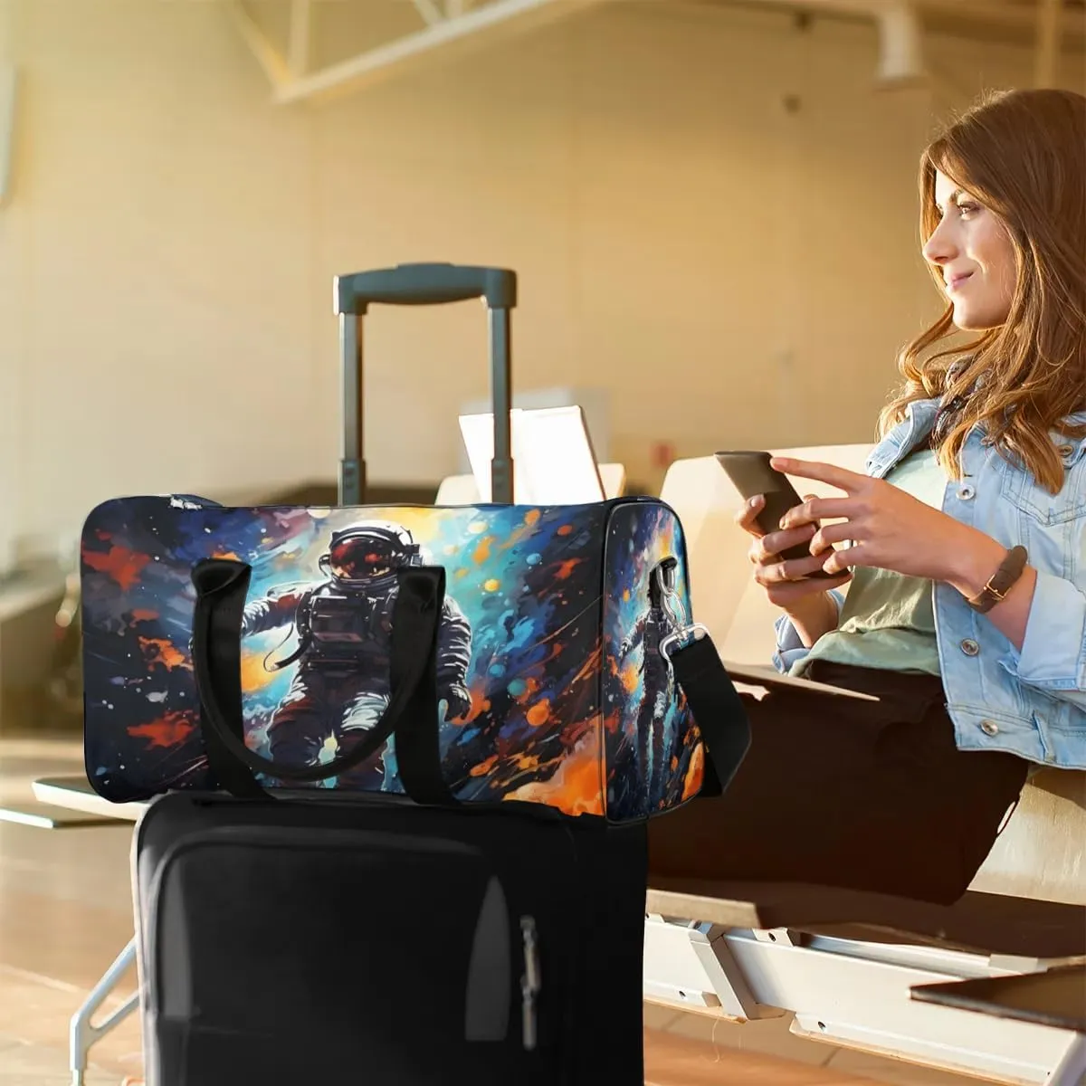 Astronaut Print Travel Duffel Bag for Women Men Waterproof Foldable Overnight Weekender Bag Large Capacity Sports Gym Bag